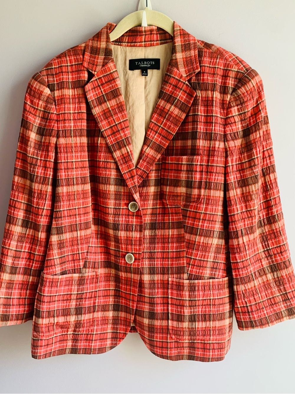 Talbots Plaid Orange Seersucker Madras Lightweight Summer Jacket Cotton EUC 8